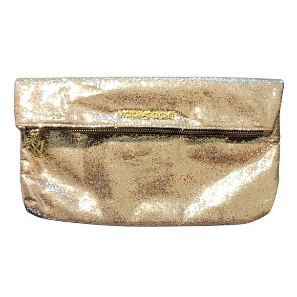 Victoria’s Secret Gold Glitter Fold‑Over Clutch/Makeup Bag with VS Charm - Picture 1 of 8